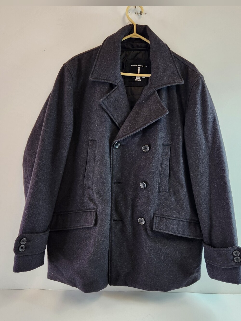 Jeans By Buffalo Charcoal Dark Grey Double-Breasted Wool Overcoat Men's Large